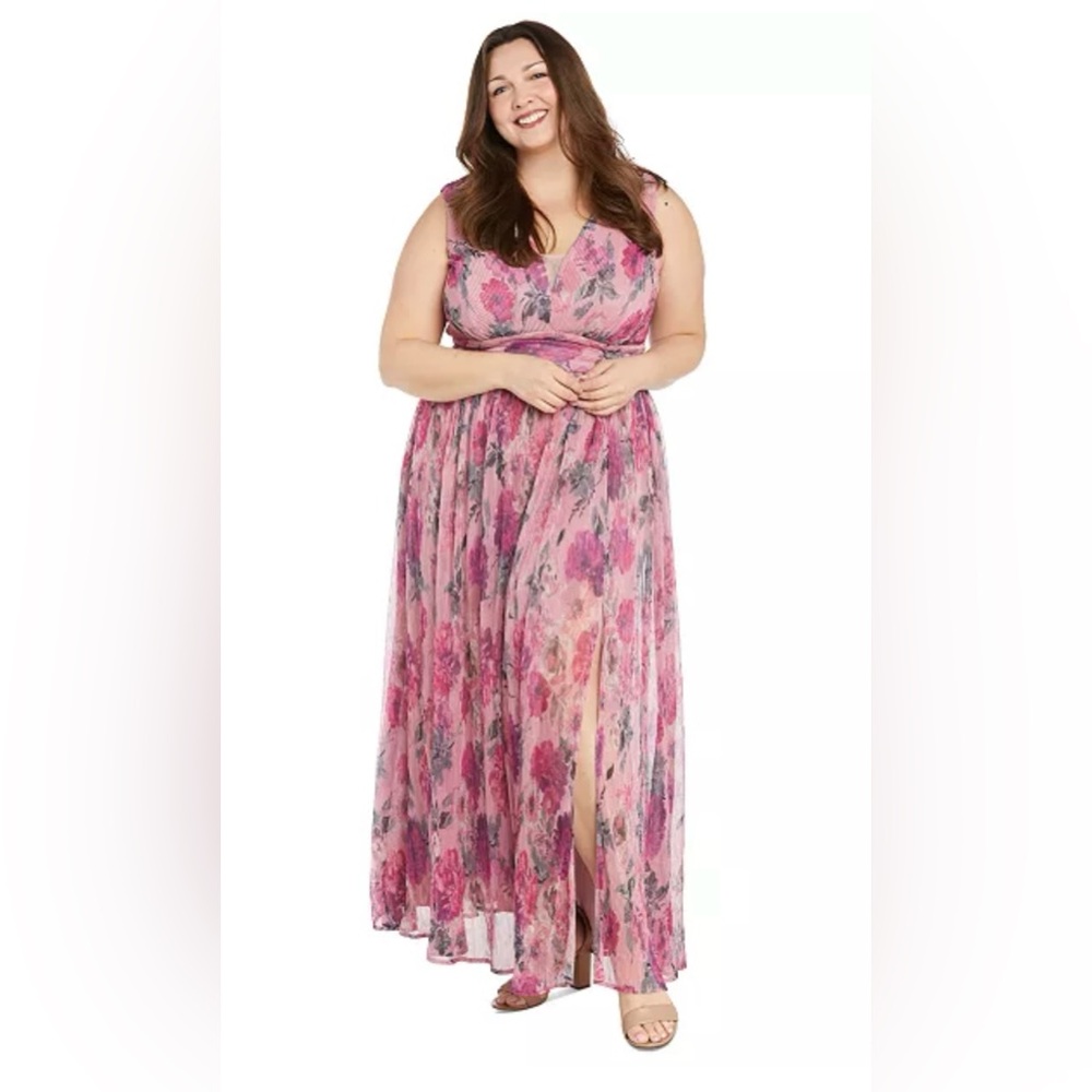 R & M Richards Pink Pleated Maxi Sundress V-Neck